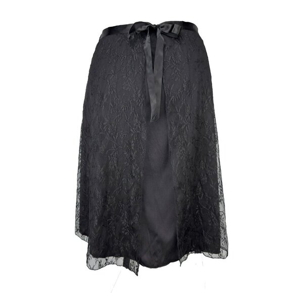 MIKK Whimsigoth Satin Ribbon π  Waist Lace Black Knee-lenght Midi Skirt sz M - Picture 1 of 5